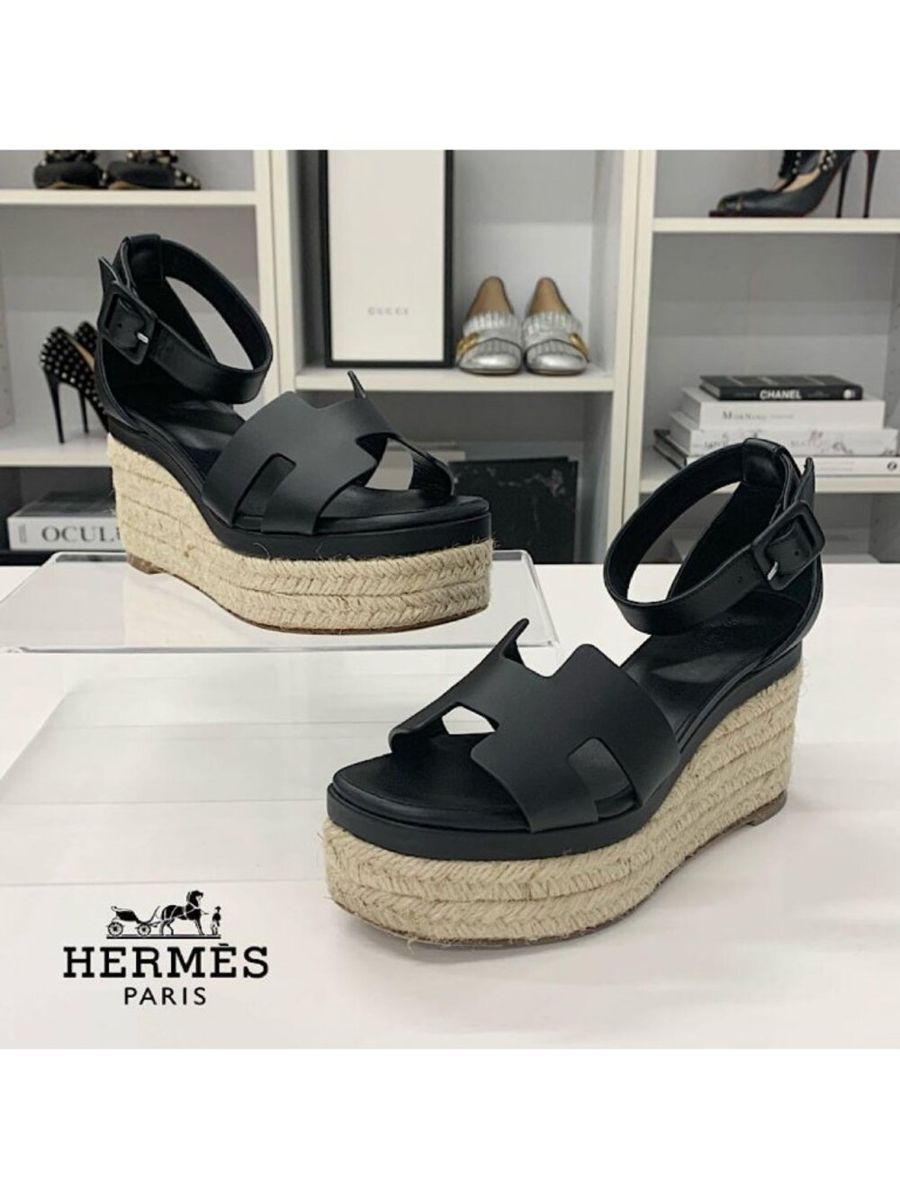 Hermes Elda Leather Espadrilles Wedge Sole Strap Sandals